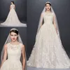 Elegantes vestidos de novia de Oleg Cassini Apliques de encaje Una línea Tren de la corte Vestidos de novia civiles Por encargo batas de mari￩e Botón cubierto