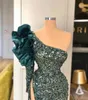 Evening dress Yousef aljasmi Women dress Kim kardashian Green Sequines Crystals Long sleeve One shoulder Mermaid