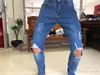 Männer Jeans gestreifte Seitenweinleuchte Light Blau Slim Denim Hose Ripped Loch Skateboard Streetwear Lange Männchen