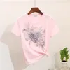 Amolapha 여성 스팽글 구슬 D Flower Cotton T 셔츠 송아지 송아지 길이 청바지 의류 세트 여름 송아지 송아지 Jean Suits