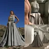 2020 Imagem Real Grey Prom Vestidos Jewel Neck A Linha Ruffles cetim Vestidos Custom Made Sweep Trem Formal Wear vestido de festa