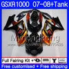 7 개 선물 + 탱크 오렌지 검정색 SUZUKI GSXR-1000 용 K7 GSX-R1000 GSXR 1000 07 08 301HM.13 GSXR1000 07 08 차체 GSX R1000 2007 2008 페어링