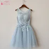 2019 Cheap Silver Lace Party Dresses Short Jewel Lace Up Cocktail Gowns Short Prom Dresses Maid of Honor Gowns Under 50 Real P01018567