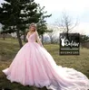 Luxe Arabische Dubai Pink Baljurk Quinceanera Jurken Sheer Lange Mouwen Beaded Lovertjes Lange Trein Zoete 16 Jurk Vestidos de Quinceañera