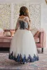 Nieuwe elegante baljurk bloem meisje jurk off schouder korte mouw tule kant applique trouwjurk enkel lengte meisje verjaardagsdeel