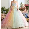 2020 New Pretty Colorful Rainbow Tutu Prom Dresses 3D Flower Lace Puffy Ball Gowns Vestido Formatura Abiye Ruffles Evening Gowns1557322