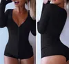 Slim Women Rompers Ny Sexig Bodysuit Lady V Neck Långärmad Bodycon Jumpsuit Button Short Femme Body Cotton Romper