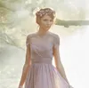 Dusty Pink Long Bridesmaid Dress Pleated Chiffon Short Sleeves Boho Maid of Honor Gowns Wedding Guest Dresses