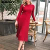 Mulheres O-pescoço de manga longa malha pulôver camisola vestido curva hem bodycon esticar sólido chique elegante decrescente primavera vestido