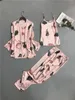 Herislim Damen Pyjamas Print Nachtwäsche Pijama Home Kleidung Sexy Dessous 3-teiliges Pyjama Set Satin Kimono Floral Robe Nachtwäsche