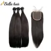Top Lace Closure with Bundles Indian Virgin Remy Human Hair Extensions Weft 3PCS+1PC Lace Closure 4x4 Free Part Silky Straight Bellahair