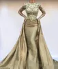 Dresses Prom 2020 Gold Long Sleeves Overskirt 3D Floral Applique Handmade Flowers Satin Mermaid Custom Made Evening Party Gowns Formal Wear