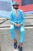 Brand New Turquoise Men Wedding Tuxedos Muesca Solapa Novio Tuxedos Excelente Hombres Blazer Traje Prom / Cena Chaqueta (Chaqueta + Pantalones + Corbata) 2621