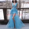 Seksi V Yaka Mavi 2k19 Dubai Gelinlik Modelleri Dantel Aplike Yüksek Bölünmüş Dedi Mhamad Artı Boyutu Uzun Parti Vestido de fiesta Ucuz Abiye giyim