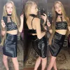 Gotik Islak Görünüm Siyah Faux Deri Etek Seksi Punk Geri Fermuar Dantel Up Wrap Kalem Etek Yaz Bodycon Midi Etekler Bayan