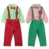 Baby pojke julkläder uppsättning stripe skjorta med slips + suspender byxor byxor barn röd grön ny toddler xmas