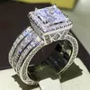 Rulalei Impresionante joyería de lujo 925 plata esterlina princesa corte completo topacio blanco CZ diamante promesa mujeres anillo de boda para regalo de amante