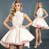 Высокие шеи кружевные аппликации розовые шариковые платья домомирование платья короткими министическими выпускными платьями Promate Mini Vestidos de Prom