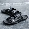 Neueste echtes Leder Hausschuhe Herren flache Sandalen Frauen Schuhe Doppelschnalle berühmte Marke Arizona Sommer Strand Flip Flops beste Qualität