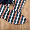 Sommar Kortärmad Blå Ruffle Bodysuit Striped Flared Byxor Outfit 3PCS Toddler Spädbarn Nyfödda Kids Baby Girl Clothes Set