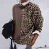 Camisa das mulheres leopard patchwork camisa colar camisola mulheres inverno quente kwholesale fêmea fêmea batwing longo luva pullover tops xxl
