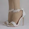 Sandales d'été dentelle blanche bride à la cheville sandale de mariage 11 cm talons hauts bout ouvert talon mince femme robe de soirée Shoes253A