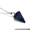 Natural Gemstone Pendant Necklace Crystal Healing Chakra Reiki Silver Stone Hexagonal Prisme Cone Pendulum Charm Necklaces