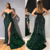 2020 Green Mermaid Evening Dresses Strapless Beads Sequins Feather Tulle Prom Dress Floor Length Special Occasion Dresses