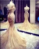 2K19 Gold Prom Dresses Mermaid Afrikaanse Avondjurken Sheer Jewel Beaded Backless Modeste Formele Party Speciale Gelegenheid Jurk