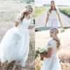 2020 Kortärmad Snörning En Linje Bröllopsklänningar Crew Neck Tulle Ruched Boho Country Wedding Birdal Gowns BC0758
