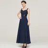 New Tea-length 3/4 Length Sleeve Dark Blue Chiffon Suits Lace A-line Mother Of The Bride Dresses Vestidos De Novia