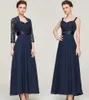 New Tea-length 3/4 Length Sleeve Dark Blue Chiffon Suits Lace A-line Mother Of The Bride Dresses Vestidos De Novia