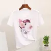 2019 mulheres verão beading porco dos desenhos animados camisetas jeans ternos casuais lantejoulas de manga curta tshirt + bezerro-comprimento furo denim calças definida