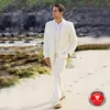 2019 Custom Made Fildişi Bej Plaj Keten Düğün Takım Elbise Erkek Takım Elbise İyi Adam Yaz Evlilik Damat Uyarlanmış Smokin 3 Parça (Ceket + Yelek + Pantolon)