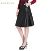 Kate Kasin Women Faux Leather Skirt With Pockets Flared A-Line Skirts Ladies Vintage Back Zipper Black/Red PU Leather Midi Skirt