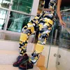 Heyoungirl Yellow Camo Pants High Waist Sweat Pants For Women Plastic Sweatpants Summer Camouflage Cargo Harem Pants Streetwear Y19070101