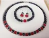 LIVRAISON GRATUITE Nouveau 7-8mm Perle Noire 8mm Rouge Collier 17 "Bracelet 7.5" Boucle D'oreille Se