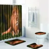Lionmönster Utskrift Non-Slip Hem Toalettplatta Badmatta + Dusch Gardin Set