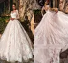 Verführerische nackte Elfenbein-Spitze-Ballkleid-Hochzeitskleider 2020 Port mit langen Ärmeln Bateau Hohlrücken 3D-Blumenapplikation Hofschleppe afrikanische Hochzeit