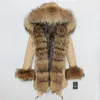 Oftbuy casaco de pele real longo parka jaqueta de inverno feminino gola de pele de guaxinim natural forro de pele de raposa real destacável streetwear novo