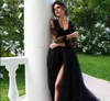 Rustic Country Black Gothic Wedding Dresses V Neck Illusion Top Lace Long Sleeves Fall Tulle Wedding Dress Long Train Sexy High Slits