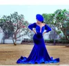 Gorgeous Royal Blue Mermaid Prom Dresses African Keyhole Neck Long Sleeves Evening Party Gowns Vestidos