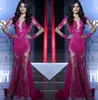 Långärmade Lace Appliques Mermaid Fuchsia Custom See Through Sweep Train Formell Prom Dress Party Gowns New Miss World Evening Dresses WLF1