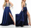 Fantastyczne Dżetów Zroszony Korant Prom Dresses 2020 Wysokiej Szczur Split Płóżnki V-Neck Open Back Celebrity Party Dress Homecoming