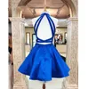 Chic Royal Blue High Collar Robes de bal courtes 2022 Crystal perlé deux couches Aline 2 pièces Robe Homecoming Graduation Bridesmai3113139