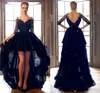 2020 Ny Vintage High Low Black Prom Klänningar från axeln Asymmetrisk Half Sleeve Beaded Lace Evening Party Gowns Vestidos 4617