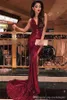 Sexy goedkope lovertjes Bourgondië Mermaid Prom Jurken Diepe V-hals Shiny Backless High Side Split Prom Gowns Feestjurken Formele Avondjurken