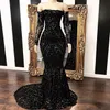 Vestidos aus der Schulter Meerjungfrau Prom Kleider 2022 Vintage Black Langarm Sweep Sense Pailletten formale Abendkleid Party Kleider BC1454