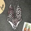 Swimwear das mulheres da cópia do leopardo Sexy profundo decote em V One Piece Swimsuit Lady Terno Lace Up Halter Maiô Natação