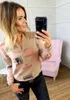 Maglietta stampata con scollo a V T-shirt a maniche lunghe Camicie pullover Top camicetta Moda donna Abbigliamento Drop Ship